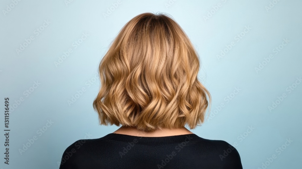 Naklejka premium Woman with flowing blonde waves facing away, displaying relaxed, healthy hair texture nice haircut Copy space for text