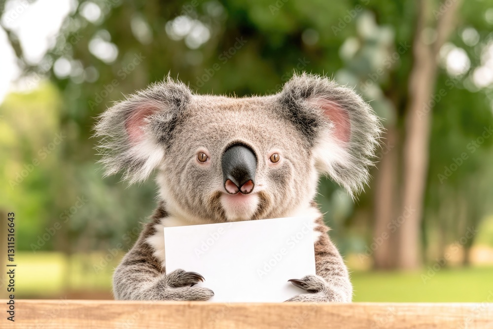 Obraz premium Cute koala holding blank sign, surrounded by lush greenery, smil