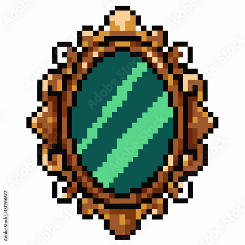Retro Pixel Art Vintage Mirror Illustration with Ornate Frame and Green Glass