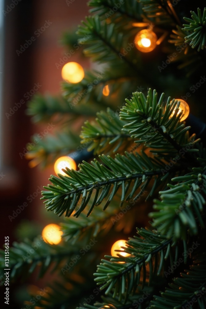 Close-up of adorned fir branches with warm Christmas lights, holiday card design , macro, nature Close-up of adorned fir branches with warm Christmas lights, holiday card design , macro, nature