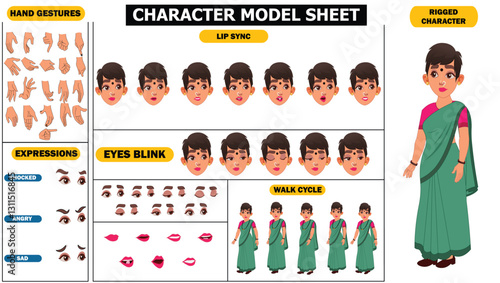 Old, young beautiful indian woman in saree, spritesheet of woman character, including eyes blink, lip sync and hand poses and face expressions