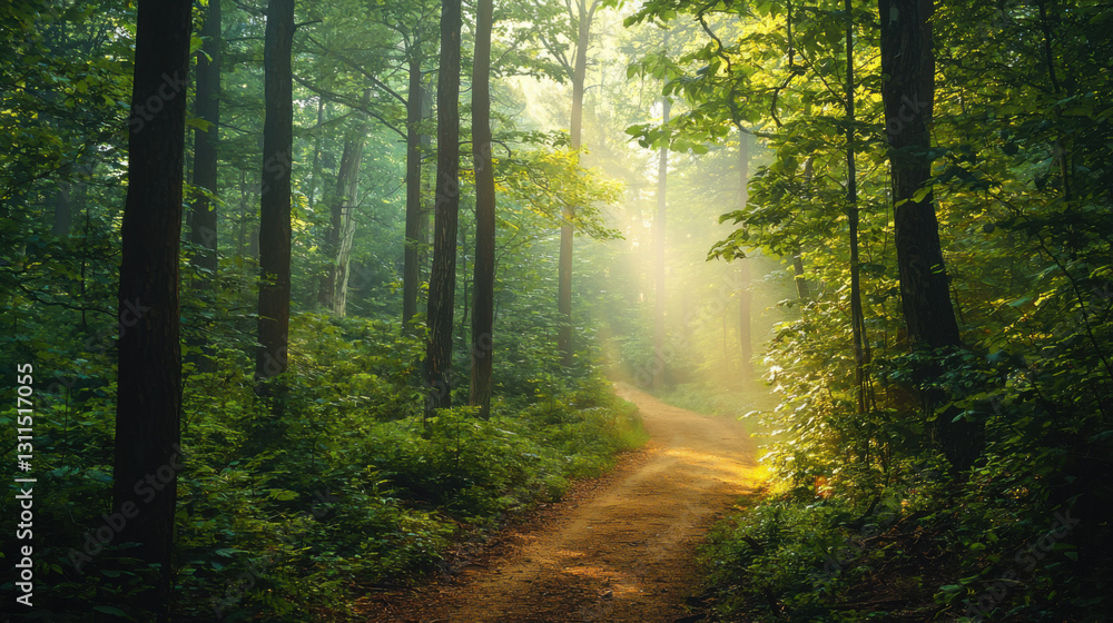Fototapeta premium Sunlit Forest Path Misty Morning - Nature photography