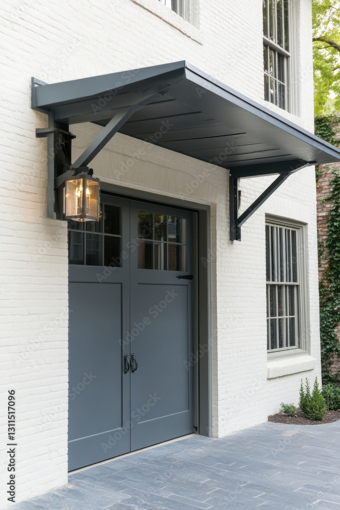 Obraz premium Elegant entrance featuring a gray double door and vintage lantern, enhancing the charm of the white brick building in a peaceful suburban setting