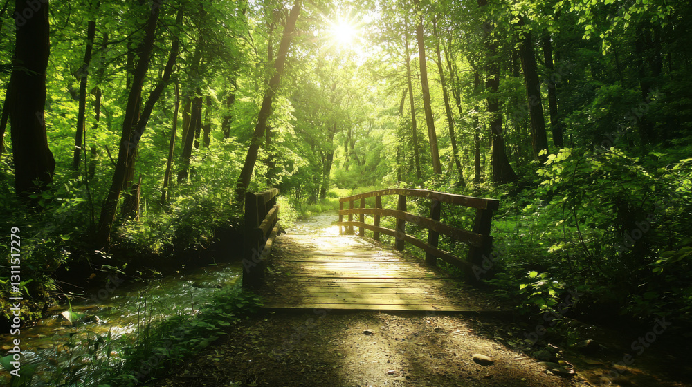 Fototapeta premium Sunlit Forest Bridge Path Nature - Nature photography