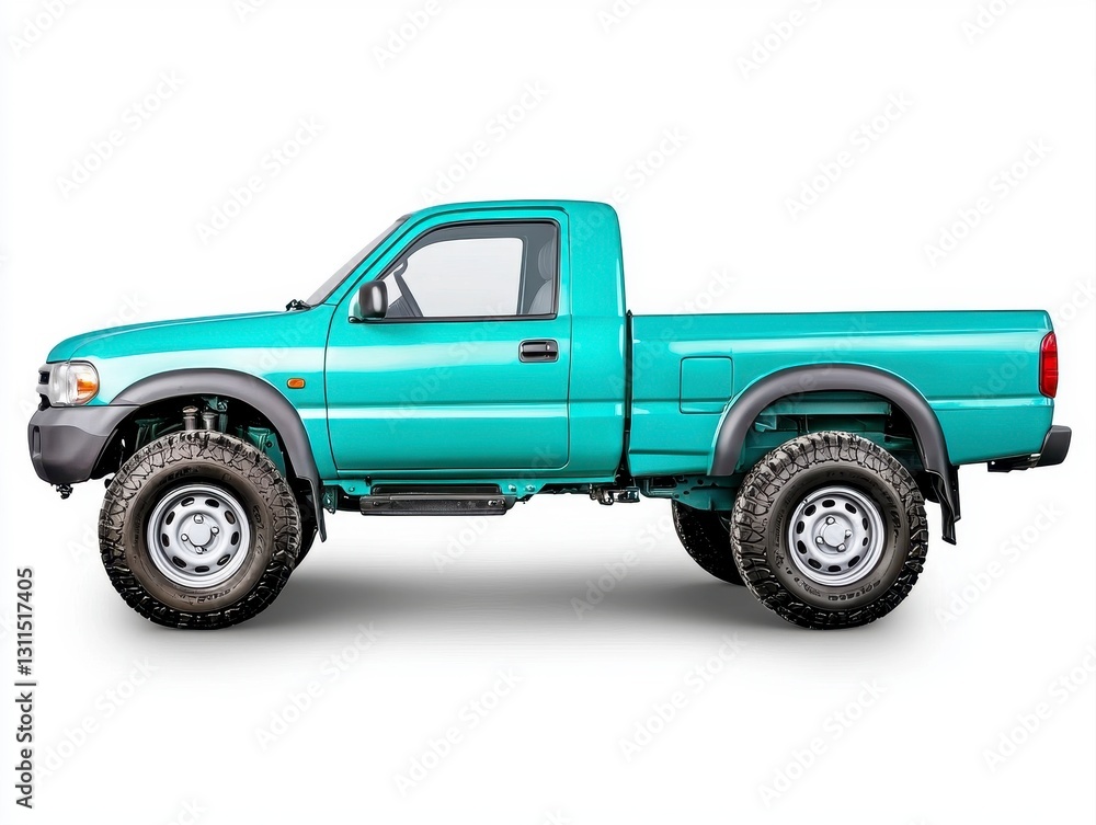 Unique side view of a green pickup truck with matte finish captured on a plain background to highlight its design Unique side view of a green pickup truck with matte finish captured on a plain background to highlight its design