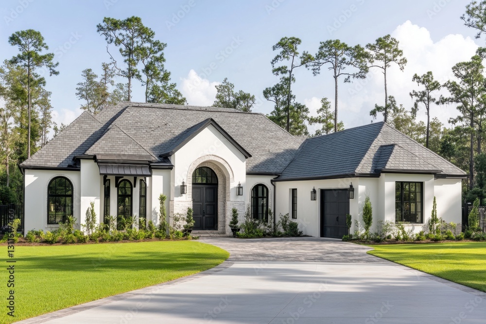 A stunning modern home featuring exquisite architectural design is nestled among leafy trees, basking in the sunshine within a serene neighborhood A stunning modern home featuring exquisite architectural design is nestled among leafy trees, basking in the sunshine within a serene neighborhood