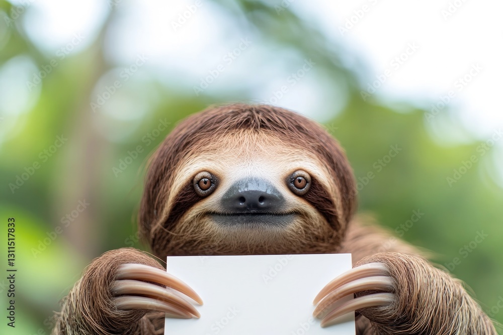 Naklejka premium Gentle sloth holds blank card with playful expression in lush se