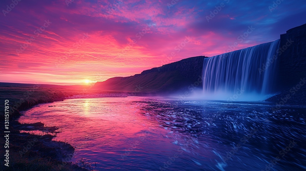 Obraz premium Majestic waterfall at sunset with vibrant colors reflecting on the river, serene landscape