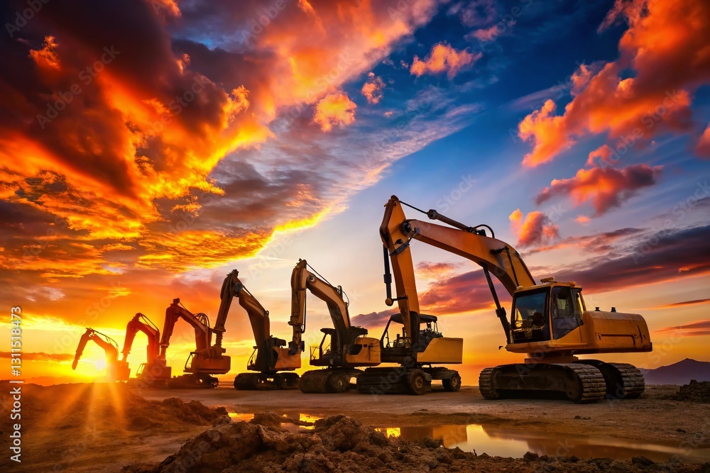 custom made wallpaper toronto digitalSilhouette of Heavy Construction Excavators at Sunset - Industrial Machinery Stock Photo