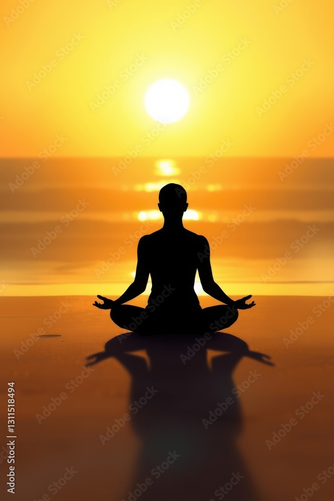 Person in meditative pose at sunset by the sea, silhouette in golden light for mindfulness & inner peace Person in meditative pose at sunset by the sea, silhouette in golden light for mindfulness & inner peace