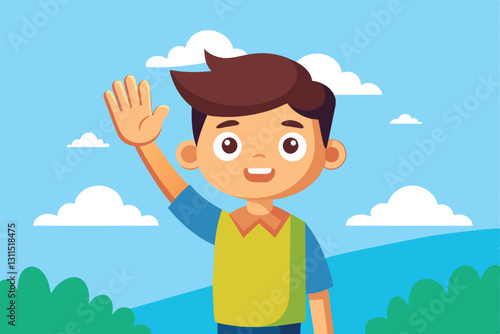 A young cartoon boy raises his hand with a big smile in a bright outdoor landscape filled with clouds, Raising hand Customizable Cartoon Illustration