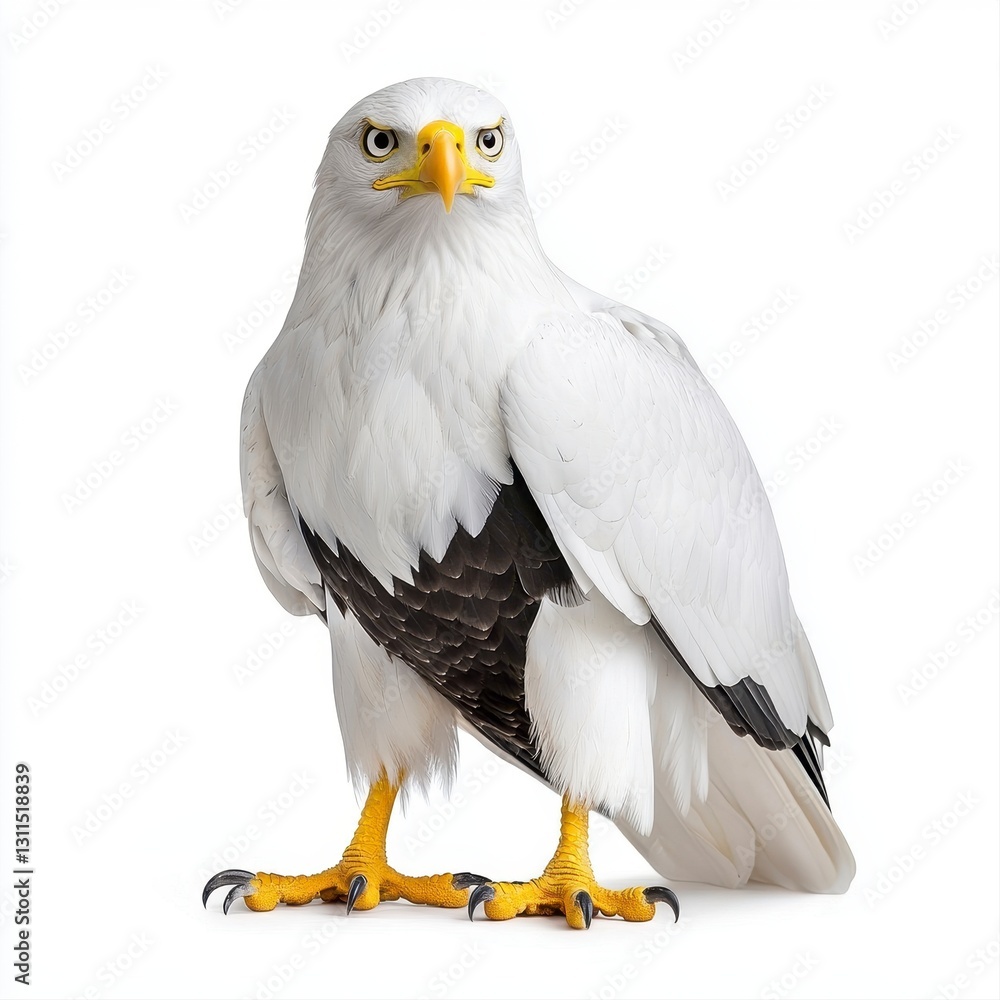 Obraz premium Majestic white-tailed eagle with distinctive black chest posed elegantly against an isolated pure white background