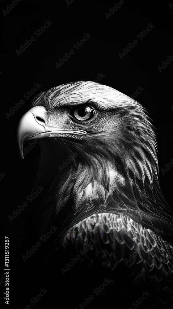 Illustrate a majestic Eagle Eye, fierce and wise, in black and white with strong contrasts, dramatic shadows, cinematic depth Illustrate a majestic Eagle Eye, fierce and wise, in black and white with strong contrasts, dramatic shadows, cinematic depth