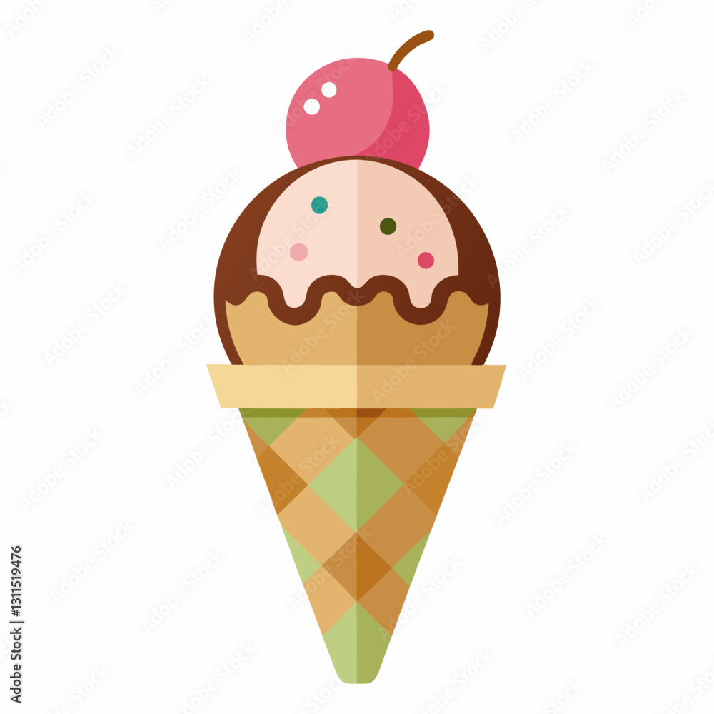 Ice cream cone with cherry on top in a colorful design