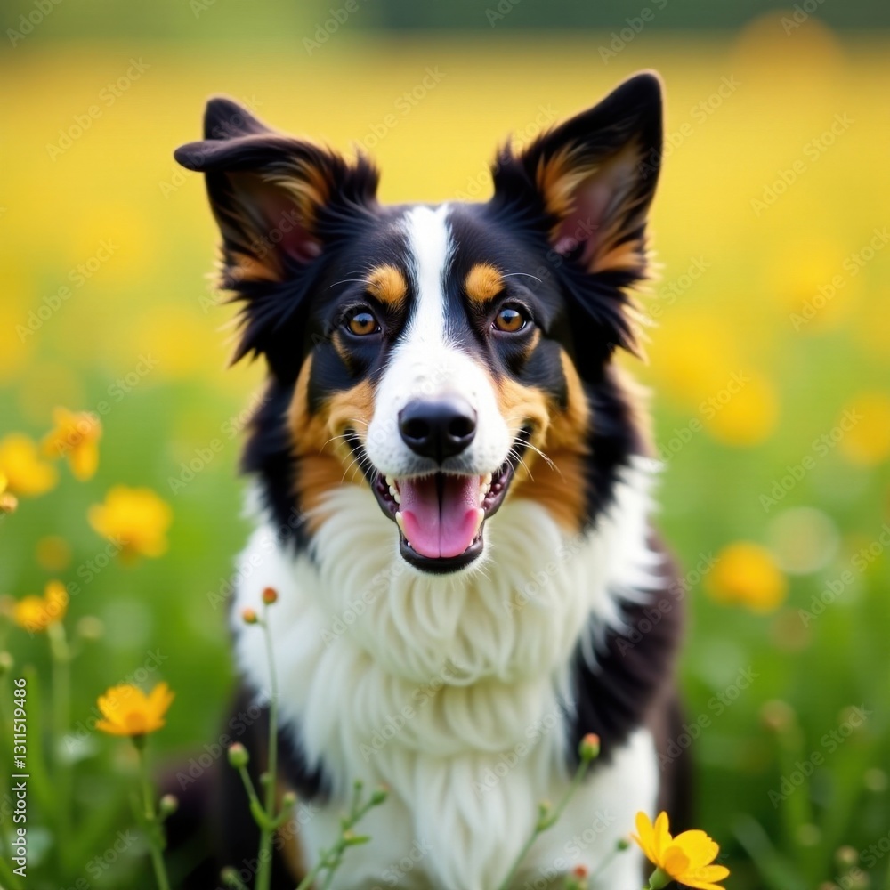 Smiling border collie in field, floral backdrop, joyful, meadow Smiling border collie in field, floral backdrop, joyful, meadow
