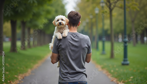Man holding a small dog on his shoulder standing on a park path with a blurred background