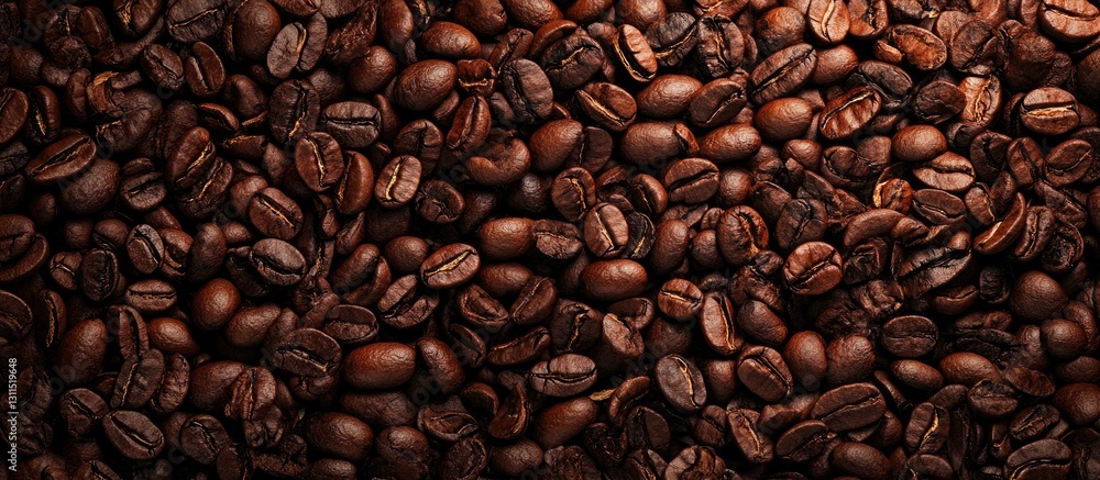 Fototapeta premium Aromatic roasted coffee beans in rich brown tones, densely packed in a close-up view creating a textured background suitable for beverage themes.