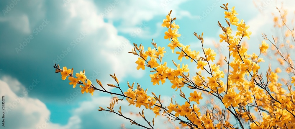 Vibrant yellow Forsythia branches blooming against a serene blue sky filled with soft, white clouds creating a springtime atmosphere. Vibrant yellow Forsythia branches blooming against a serene blue sky filled with soft, white clouds creating a springtime atmosphere.