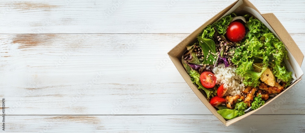 Healthy meal in a takeaway box with vibrant green salad and red tomatoes arranged on a white wooden table with ample room for text on the side Healthy meal in a takeaway box with vibrant green salad and red tomatoes arranged on a white wooden table with ample room for text on the side