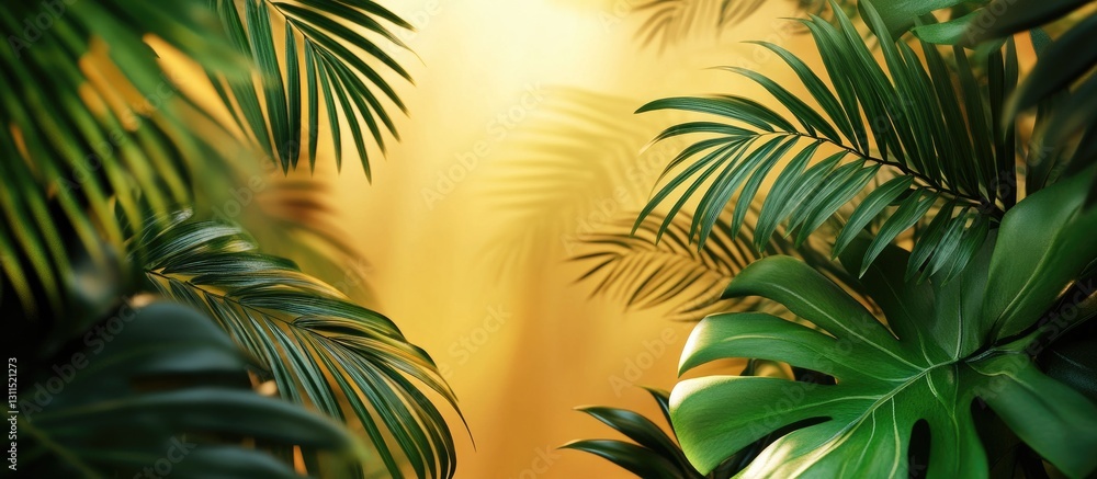 Lush green tropical leaves framed by warm golden background light creating a vibrant natural atmosphere inviting tranquility and relaxation Lush green tropical leaves framed by warm golden background light creating a vibrant natural atmosphere inviting tranquility and relaxation