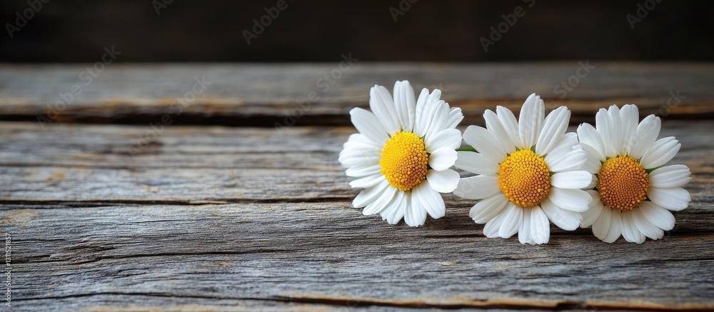 Obraz premium Three white daisies with yellow centers arranged in a line on a rustic wooden surface, highlighted by warm brown tones in the background.