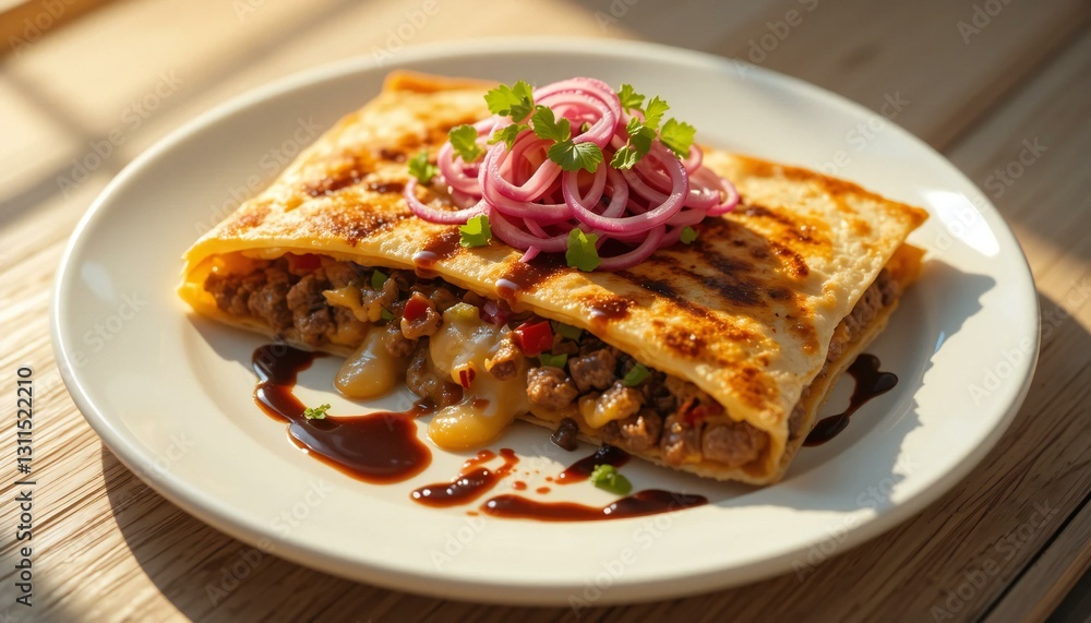 Quesadilla Filled with Grilled Meat, Served with Red Onion Salad. Quesadilla Filled with Grilled Meat, Served with Red Onion Salad.