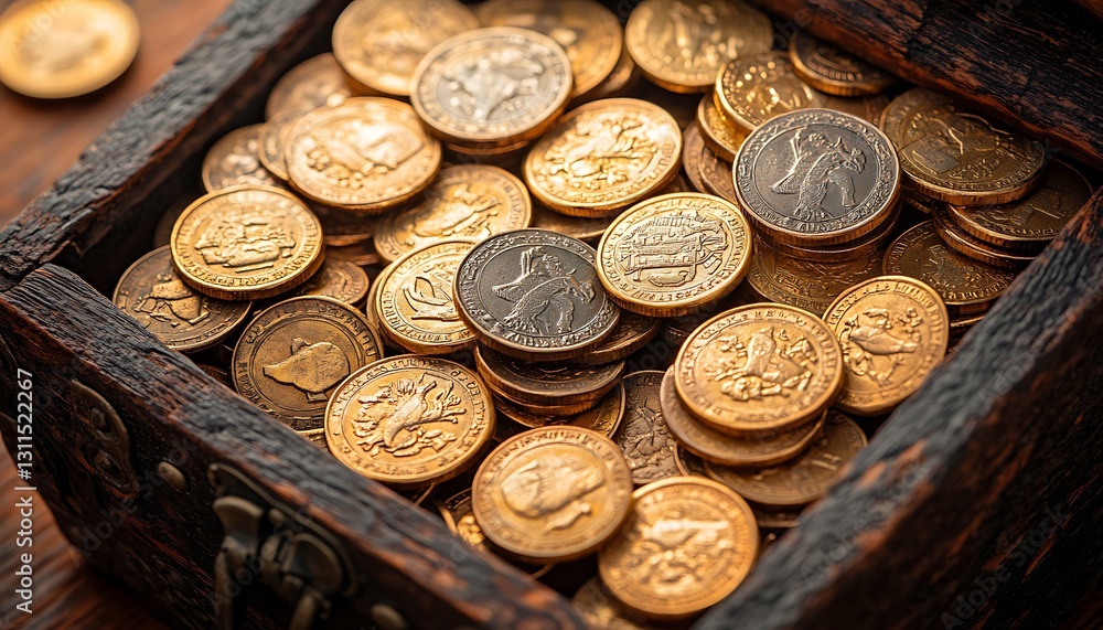 Golden Coins in Antique Wooden Chest Golden Coins in Antique Wooden Chest