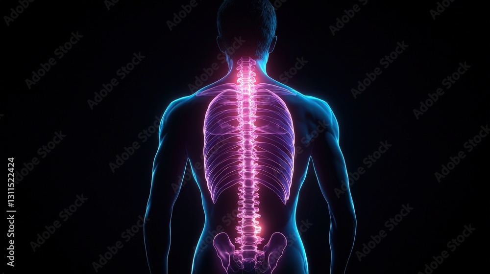Human anatomy, spine, back, skeletal system, glowing, 3D render. Human anatomy, spine, back, skeletal system, glowing, 3D render.