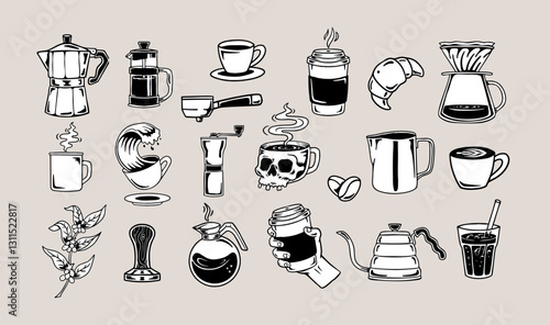 A collection of hand-drawn coffee illustrations, including coffee cups, mugs, brewing equipment, beans, and creative coffee art. Ideal for branding, packaging, menus, and other uses.