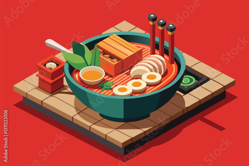 A vibrant isometric ramen bowl showcases various customizable ingredients and stylish chopsticks, Ramen Customizable Isometric Illustration