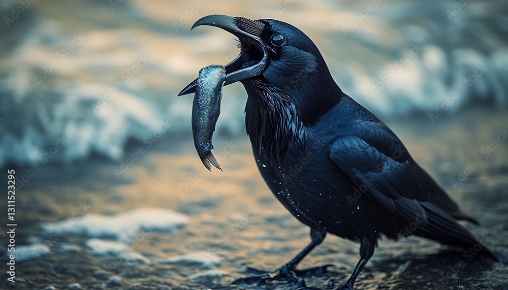 Fototapeta premium Raven eating fish by water