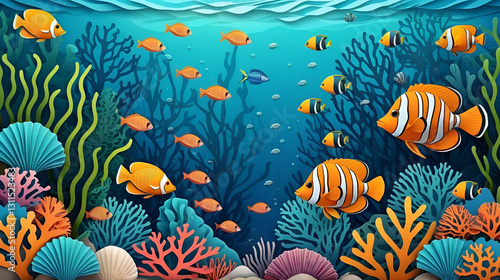 Cartoon tropical fish shoal, seaweeds and corals in sea paper cut, vector landscape background. Undersea coral reef fishes and seashell in paper cut water layers or underwater landscape in 3d cutout