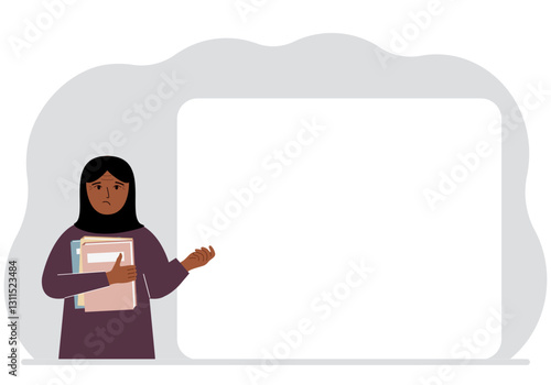 The woman holds many books. Nearby is a large white poster for your text. Vector flat illustration.