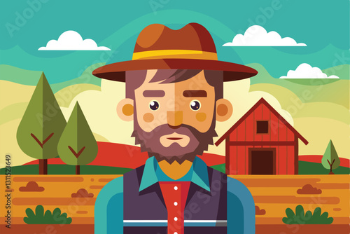 A customizable rancher figure poses against a colorful backdrop featuring trees and rolling hills, Rancher Customizable Disproportionate Illustration