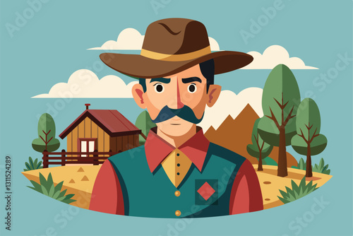 A rancher character stands in front of a quaint cabin, surrounded by diverse trees and rolling hills, Rancher Customizable Semi Flat Illustration