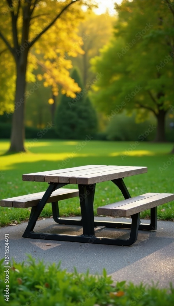 Modern metal and concrete picnic table with integrated benches , clean, park, design Modern metal and concrete picnic table with integrated benches , clean, park, design