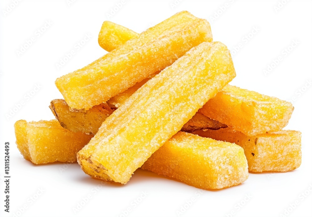 Crispy golden fried fries piled high on a clean white background for a delicious appetizing visual representation of fast food Crispy golden fried fries piled high on a clean white background for a delicious appetizing visual representation of fast food