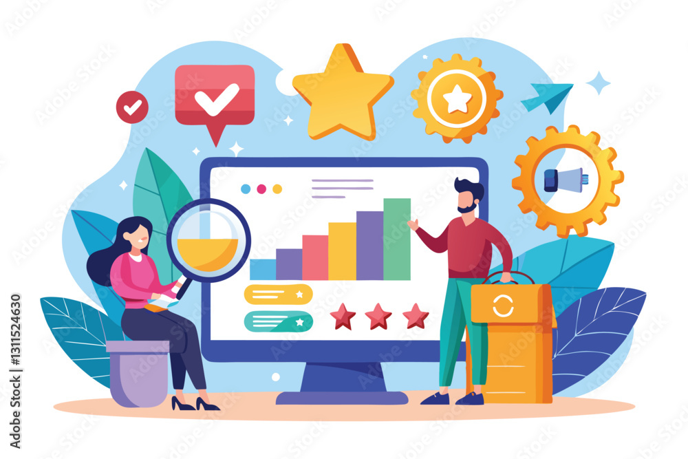 A team analyzes product rankings and customer ratings using visual data representation on a computer, Ranking and rating, Product evaluation and assesment, A team analyzes product rankings and customer ratings using visual data representation on a computer, Ranking and rating, Product evaluation and assesment,