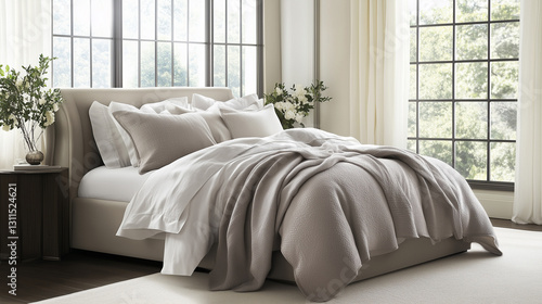 Elegant minimalist bed with layered neutral-toned bedding and soft natural light