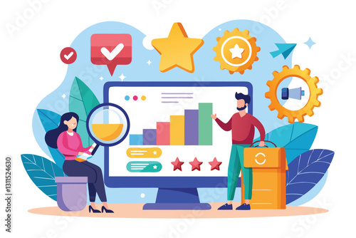 A team analyzes product rankings and customer ratings using visual data representation on a computer, Ranking and rating, Product evaluation and assesment,