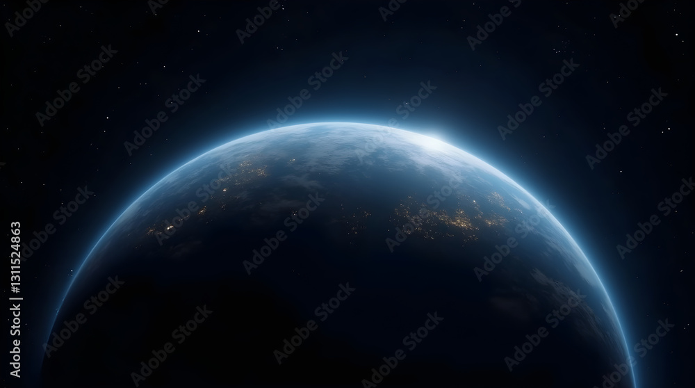 Fototapeta premium Blue Exoplanet City Lights Atmospheric Glow Space Dramatic Sci-fi Cosmic Scene Earth View