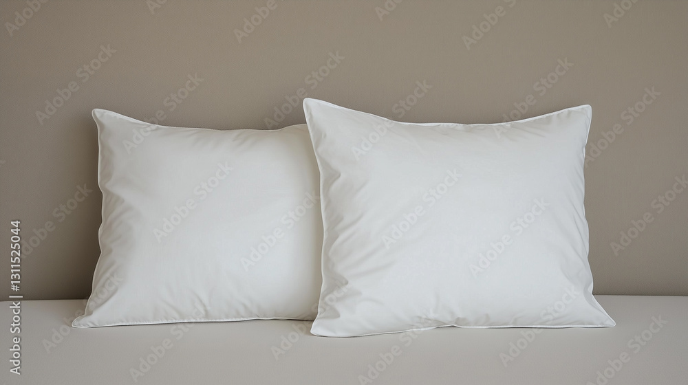 Pair of matching white pillows symmetrically arranged on a bed Pair of matching white pillows symmetrically arranged on a bed