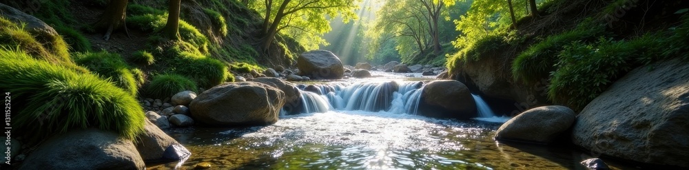 Fototapeta premium Sunlight dappling cascading mountain stream falls, blue, nature