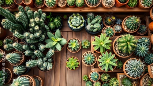  Top View of Cacti and Succulent Collection in Rustic Garden Store with Wooden Shelving