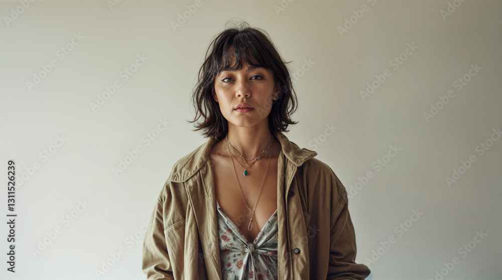 A woman wearing a brown jacket and a necklace A woman wearing a brown jacket and a necklace