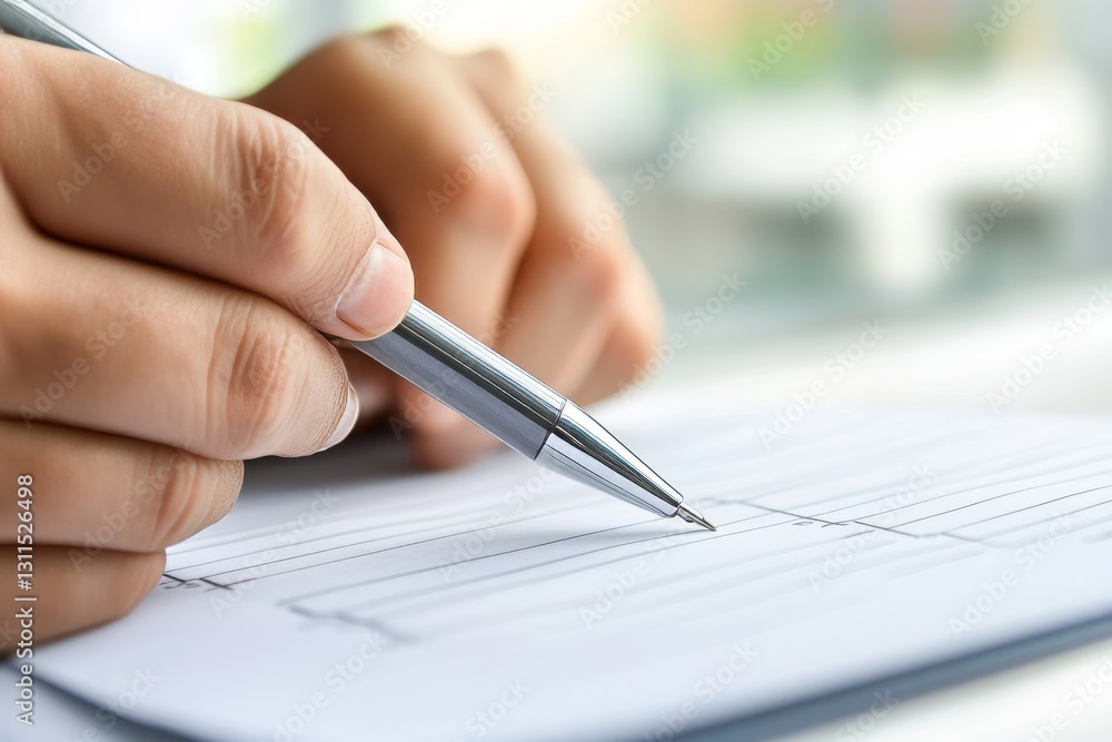 Closeup Hands Writing on Paper Document Silver Pen work form desk note task adult office detail Closeup Hands Writing on Paper Document Silver Pen work form desk note task adult office detail