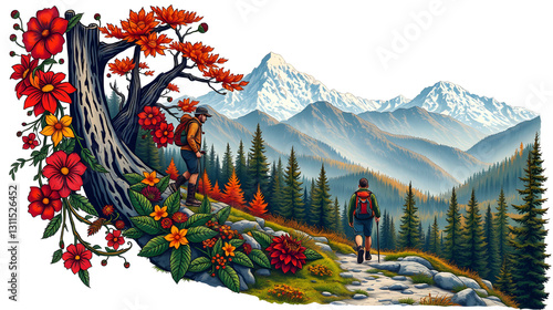 Tattoo-Style Sticker einer Berglandschaft 