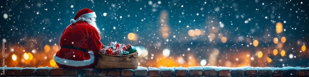 Santa Claus Resting on a Snowy Chimney with a Sack Full of Presents, Gazing at City Lights Santa Claus Resting on a Snowy Chimney with a Sack Full of Presents, Gazing at City Lights