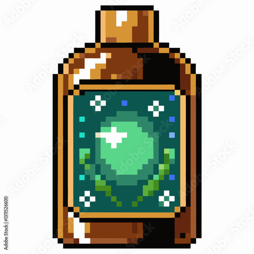 Retro Pixel Art Magic Potion Bottle with Star and Green Glow