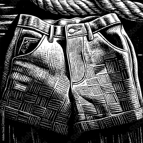 Vintage Woodcut Style Denim Shorts Black and White Illustration